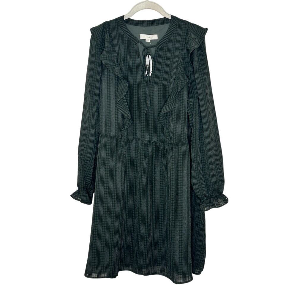 Ann Taylor LOFT Olive Green V Neck Long Sleeve Chiffon Dress Size L NWT
